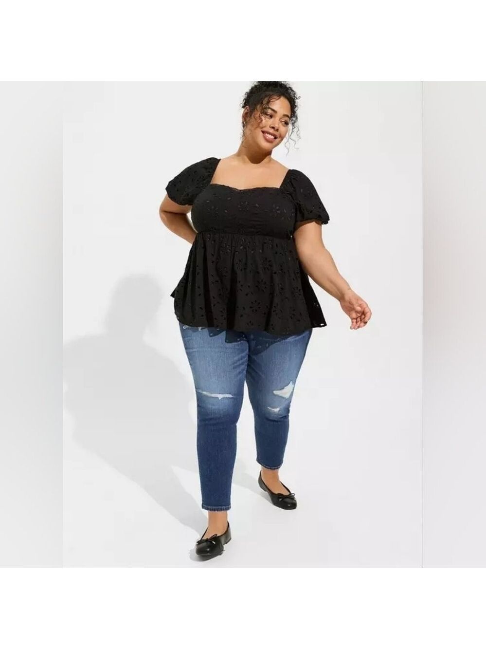 NWT TORRID Babydoll Eyelet Challis Black Short Sleeve Blouse Size 1X 14-16 - Picture 15 of 16